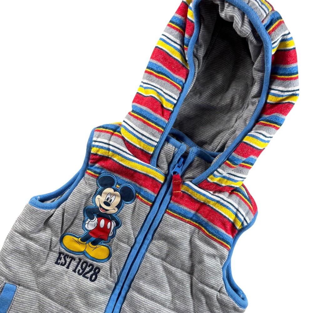 VTG‎ Disney Puffer Vest Kids 3 Grey Mickey Mouse Striped Hooded Quilted Zip Up